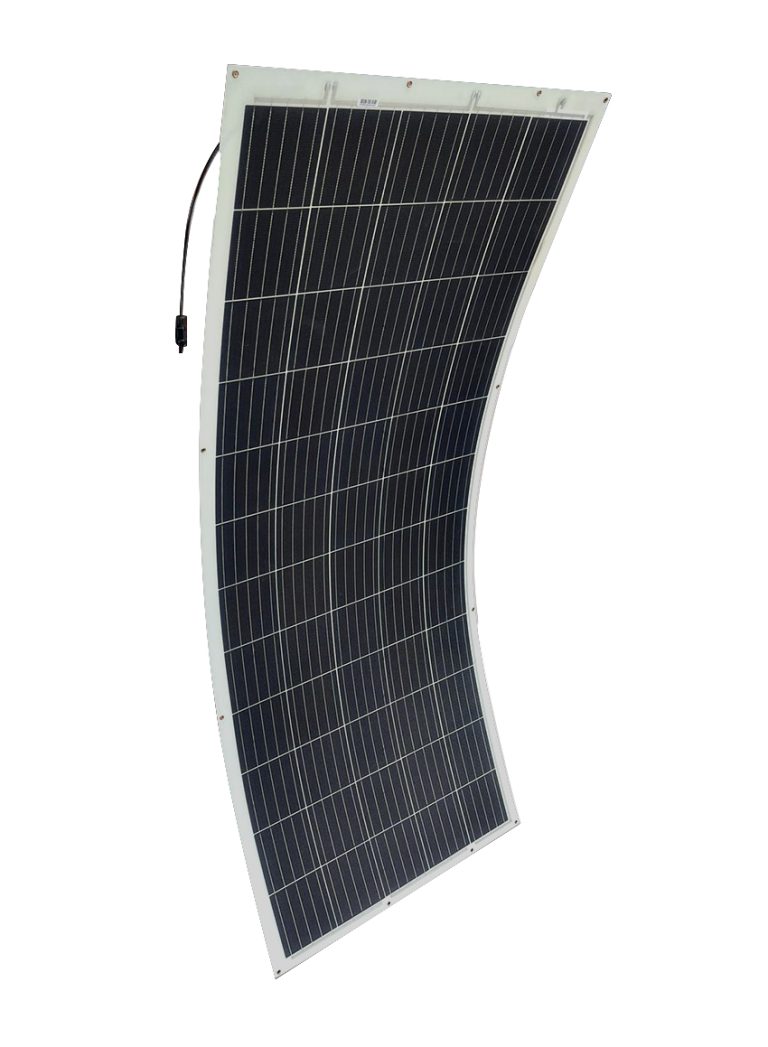 Sunman FLEX 310 Watt Gebogenes Solarpanel mit schwarzen Solarzellen und Anschlusskabel.