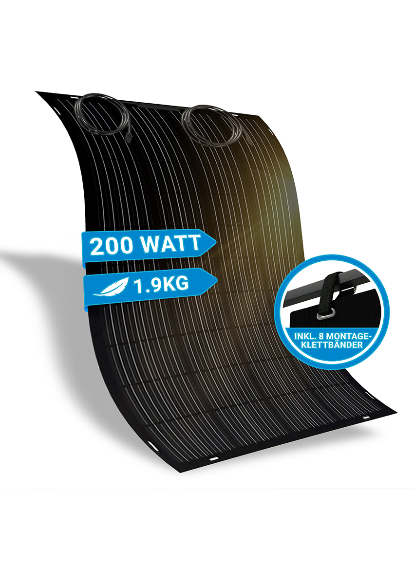 NEU: Hochflexibles und leichtes Solarmodul Full-Black, ideal für Balkongeländer Flexibles Solarkollektor mit 200 Watt Leistung und einem Gewicht von 1,9 kg.